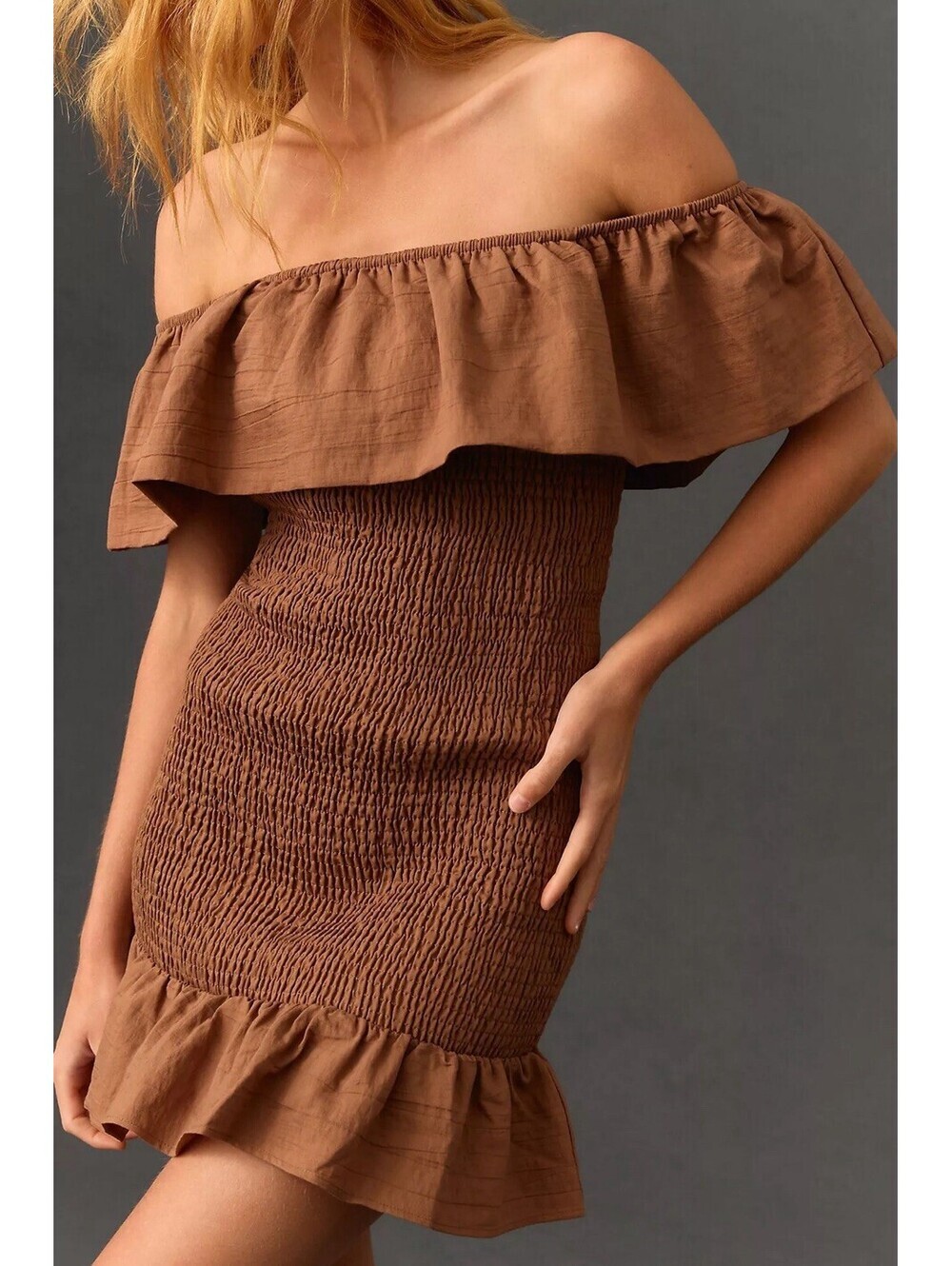 Anthropologie Off The Shoulder Smocked Mini Dress Chocolate Brown Size S Summer